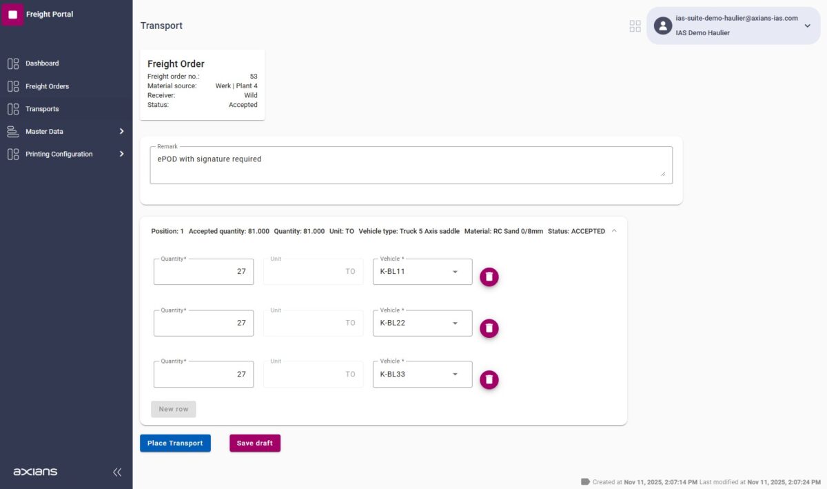 VAS Freight Portal - Transport Planning